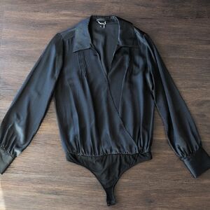 PAIGE Black 100% Silk Long Sleeve Deep V Neck Bodysuit Blouse With Collar